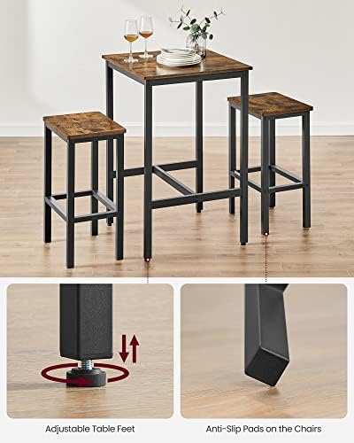 VASAGLE Bar Table and Chairs Set, Square Table with 2 Stools, Dining Pub Set for 2, Space Saving for Kitchen Breakfast, Living Room, Party Room, Rustic Brown and Ink Black