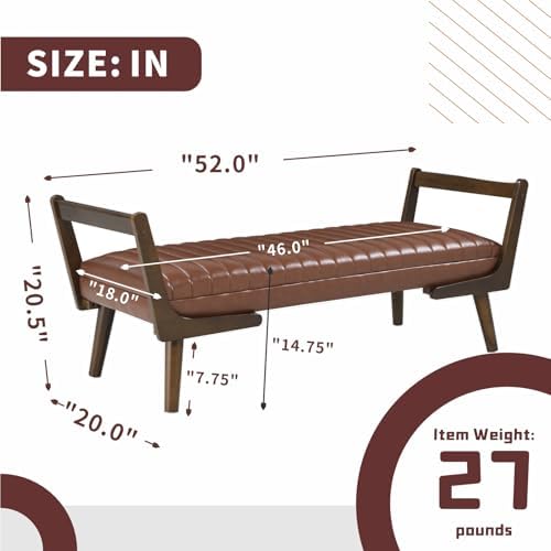52" Upholstered Bench, Brown Faux Leather, Walnut Legs
