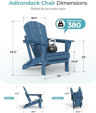 Ciokea Folding Adirondack Chairs Set of 2 HDPE All-Weather, Navy Blue