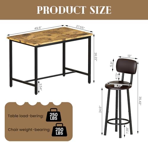 Recaceik 50" Dining Table Set for 6, 7-Piece Counter Height Bar Table Set with Upholstered Stools, Space-Saving Modern Pub Set for Kitchen, Breakfast Nook & Home Bar, Rustic Brown
