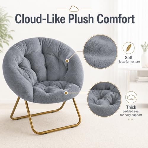 Simple Deluxe Cozy Chair, Faux Fur Saucer Chair for Bedroom, Comfy Foldable Moon Chair, Round Fluffy Chair for Living Room, Fuzzy Saucer Chairs for Adults Room, Gray