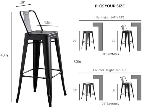 AC Pacific 30” Metal Barstool Set of 2 – Country Rustic Style with Low Back, Lightweight & Sturdy Build, Easy Assembly – Matte Black