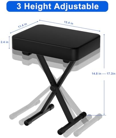Adjustable X-Style Keyboard Bench,Thick Cushion,Folding X-Style Keyboard Bench,3-Position Height,Non-Slip & Height-Adjustable Rubber Feet,Black