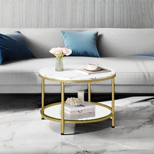 VASAGLE Round Coffee Table, 2-Tier, Faux Marble Top, Glass Storage Shelf