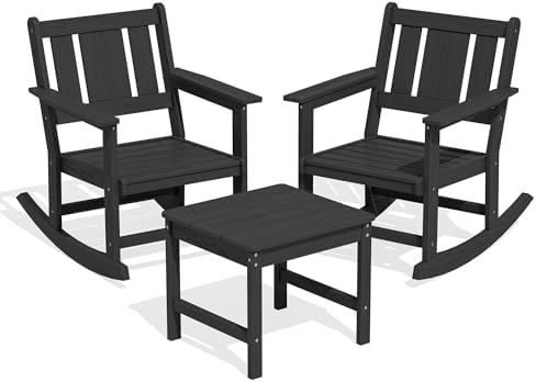 SERWALL 3-Piece Patio Furniture Set with 2 Rocking Chairs & Table, Black
