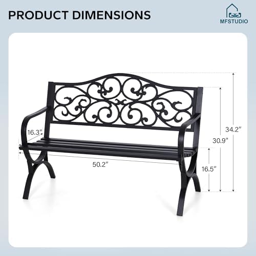 MFSTUDIO 50 Inches Outdoor Garden Bench Cast Iron Metal Frame, Floral Black