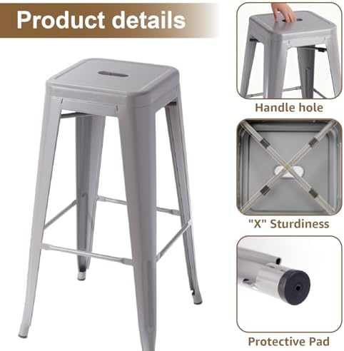 VENI HOME Stackable Metal Bar Stool Backless Indoor-Outdoor Counter Stools Fullmetal Dinning Chairs Set of 4 (Grey, 30 Inch)