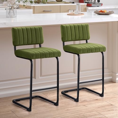 ONEVOG 24.6'' Counter Height Bar Stools Set of 2, Mid-Century Modern Counter Height Cantilever Chairs for Kitchen Island, Upholstered Velvet Fabric Barstools with Back and Metal Leg, Olive Green