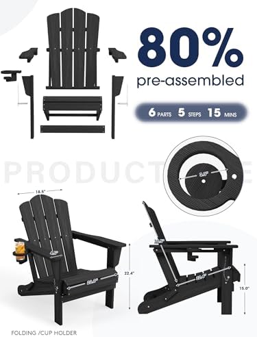 KINGYES Folding Adirondack Chair, All-Weather HDPE Material, Black, 2 Pack