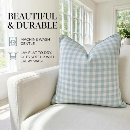 Jillien Harbor “The Charlie” Decorative Pillow Cover – Blue and White Accent Pillow Cover with Gingham-Inspired Design – Grandmillennial Home Decor, 20" x 20"