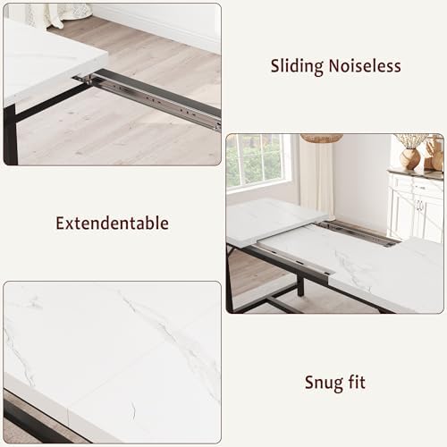 IDEALHOUSE 3 Piece Dining Table Set for 4-6, 63" Extendable Thick Metal Frame Kitchen Table with 2 Upholstered Benches Set for 6, Rectangle Wooden Dinette Table Set for Dining, Apartment, Marble White