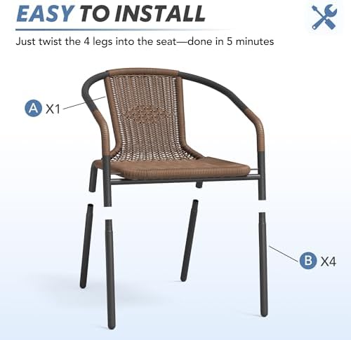 UDPATIO Rattan Patio Dining Chairs Set of 4, Wicker Stackable Outdoor Chairs with All Weather Curved Back & Metal Frame, for Indoor Restaurant Porch Deck, Brown