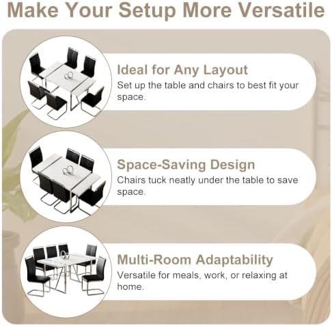 Ebullient Dining Table Set for 6，White Rectangular MDF Kitchen Table and Leather Dining Chairs Set of 6, 7 Piece Dining Table Set，Modern Dining Room Table Set 6 with Metal Frame for Kitchen