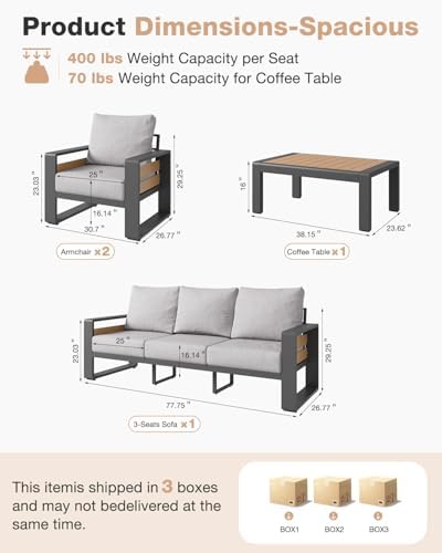 Aoxun Aluminum Patio Furniture Set, 5 Seats Luxury Outdoor Sectional with 6" Olefin Fabric Cushions, Patio Conversation Sets with Coffee Table for Backyard, Porch Light Grey