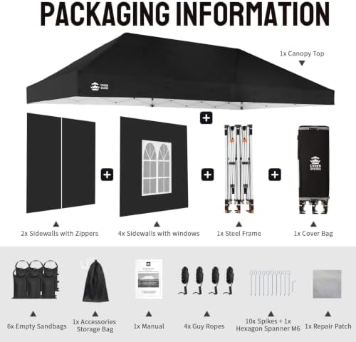 CROWN SHADES 10X15 Pop Up Canopy Tent with Sidewalls, Instant Setup, Black