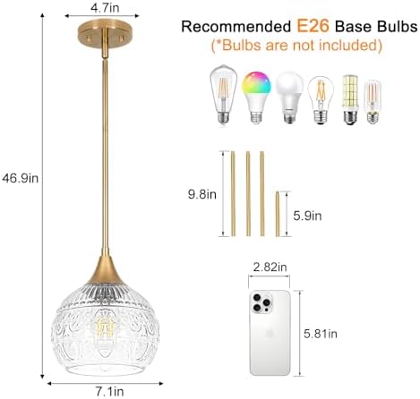 DSMJFU Gold Vintage Glass Pendant Lights for Kitchen Island, Sink Set of 2