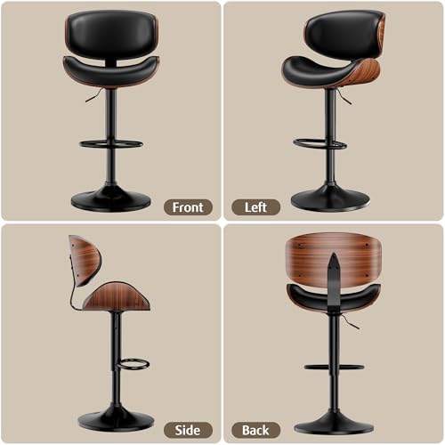 Bar Stools Set of 2, Swivel Adjustable with Bentwood Backrest, Black