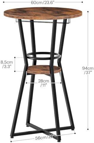 HOOBRO Round Bar Table, 2-Tier Counter Height Pub Table with Wine Glass Holder, Industrial Cocktail Table, for Small Space, Tavern, Living Room, Dining Room, Patio, Rustic Brown and Black BF62BT01G1