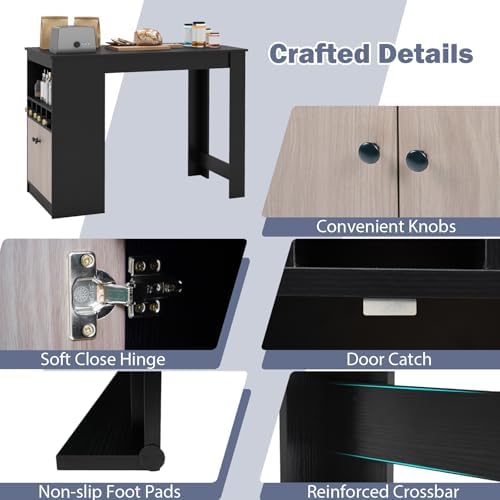 Giantex 48" Dining Table, Counter Height Bar Table with Storage Cabinet, Wine Rack, Compartment & Adjustable Shelf, Modern Bistro Tables for Home, Coffee Shop, Kitchen, Pub, Black & Gray