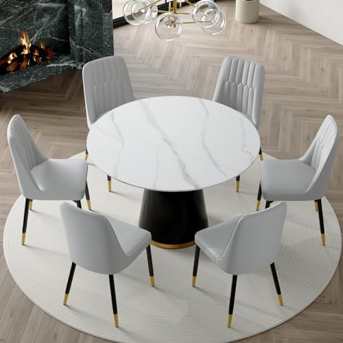Round Dining Table Set for 6, 45" Round Wooden Dining Set with Cushioned Chairs, White Round Table and Chair Set for Kitchen