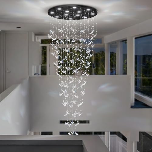 ykolupty H102 High Ceiling Chandelier Modern Crystal Chandeliers Raindrop Chandelier for Staircase Foyer Entryway Living Room Dimmable 3000-6000K (Black Chandeliers)