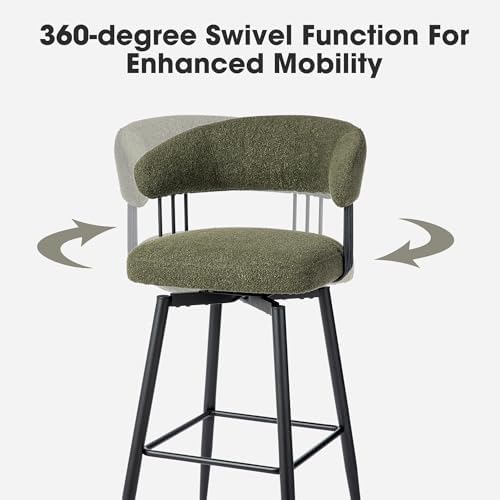 Glitzhome Swivel Bar Stools Set of 2, 31.5 Inch Seat Height Modern Mid Century Hunter Green Fabric Barstools with Metal Legs, Upholstered Bar Height Bar Chairs for Kitchen Pub Dining Room