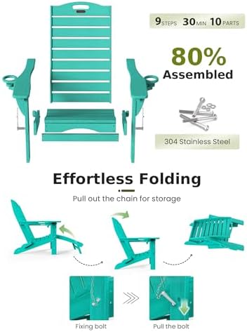 Ciokea HDPE Folding Adirondack Chair with Footrest,Lake Blue,1