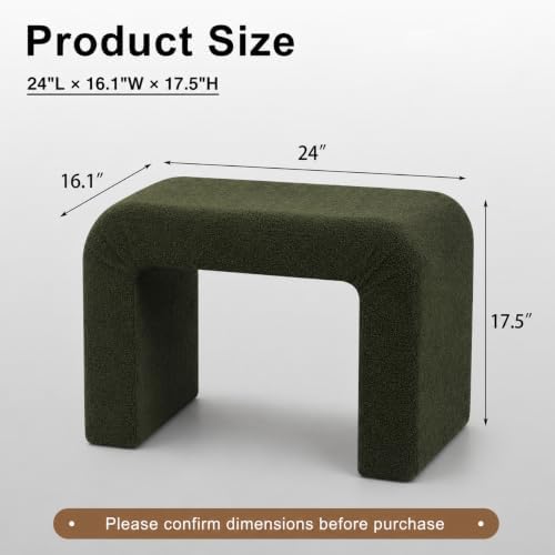 Modern Boucle Ottoman Footstool, 24" Arched Upholstered Vanity Stools, Small Foot Rest for Entryway, Living Room, Bedroom (Fully Assembled),Dark Green