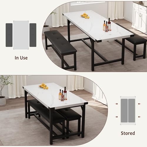 IDEALHOUSE 3 Piece Dining Table Set for 4-6, 63" Extendable Thick Metal Frame Kitchen Table with 2 Upholstered Benches Set for 6, Rectangle Wooden Dinette Table Set for Dining, Apartment, Marble White