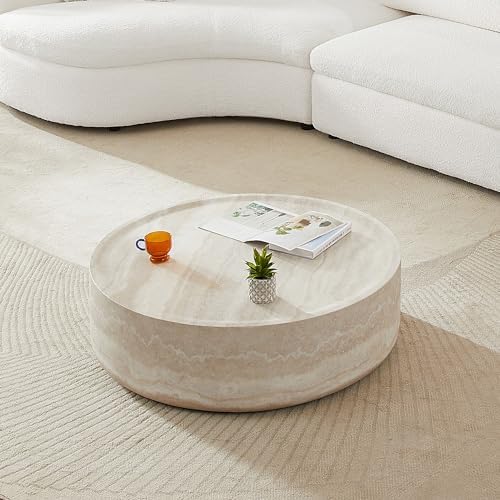 ø31.5'' Round Stone Coffee Table for Living Room, Modern Drum Circle Faux Concrete Marble Coffee Table, Fiber Glass Material, No Assembly (Mars Texture, ø31.5'' x 11.8'')