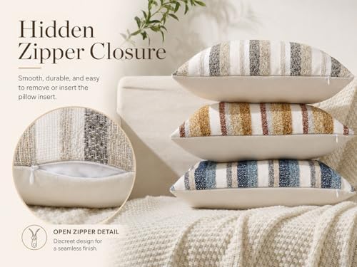 Zealax Modern Farmhouse Decorative Pillow Covers 20x20 Inch Boho Throw Pillows Neutral Soft Chenille Couch Cushion Covers, Set of 2 Velvet Striped Accent Pillows Cases for Sofa Bed Living Room, Beige