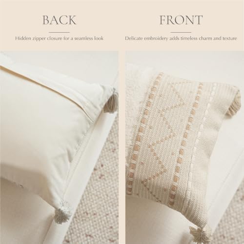 BlissBlush 14x36 Lumbar Pillow Cover for Bed, Rectangular Long Decorative Throw Pillowcase, Boho Accent Cushion with Tufted Pattern and Tassels, Cream Beige Neutral (Cover Only)