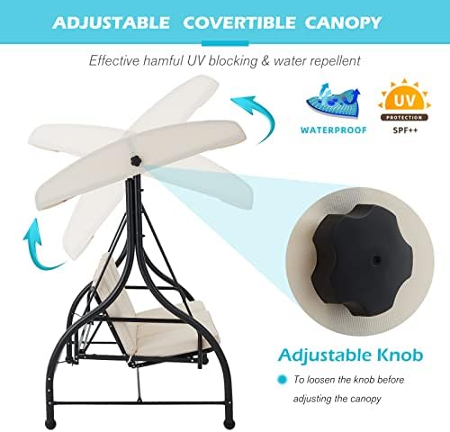 AECOJOY 3-Seat Outdoor Patio Swing With Canopy, Converting Porch Hammock, Adjustable Backrest, Removable Cushions and Stand, Beige