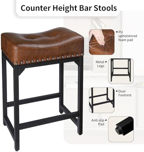 Bar Stools Set of 2, Counter Height Bar Stools for Kitchen Counter, 24 Inch Saddle Barstools Kitchen Stools, Counter Height Stools for Bar, Kitchen, Island-Brown