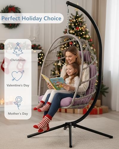 SWITTE Egg Chair Outdoor with Stand, Indoor Wicker Hanging Egg Swing, Pink