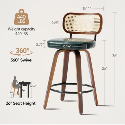 KEEZY Natural Rattan Bar Stools Set of 2, 26 Inch Counter Height Barstools with Backs, PU Leather Seat, 360° Swivel, Wood Legs, Mid-Century Modern Bar Chairs for Kitchen Island, Home Bar(Dark Green)