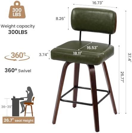 Swivel Bar Stools Set of 2, 26.7" Upholstered Counter Height Bar Chairs