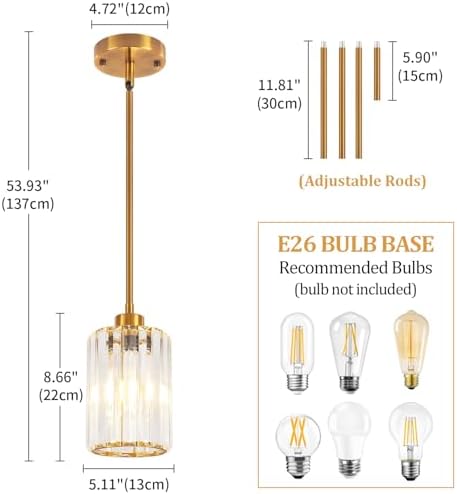 2 Pack Brushed Gold Pendant Light Fixtures Modern Crystal Kitchen Lighting