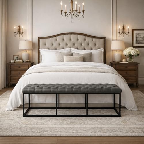 HomePop 52" Button Tufted Decorative Bench with Metal Base - Gray Faux Leather