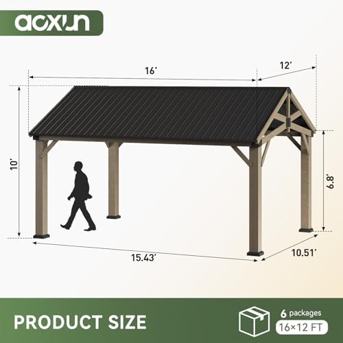 Aoxun 12' x 16' Wood Gazebo with Galvanized Steel Gable Roof, Gray