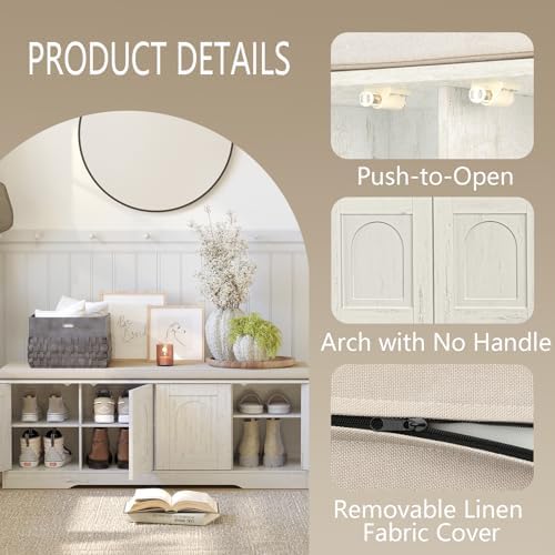 DINZI LVJ Shoe Storage Bench with Cushion, Door, Rustic White 47.2"LX17.7"H
