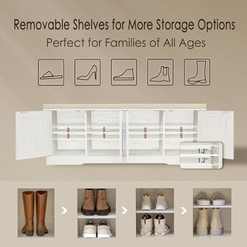 DINZI LVJ Shoe Storage Bench with Cushion, Door, Rustic White 47.2"LX17.7"H