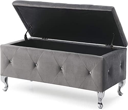 AC Pacific Glam 38 Inches Storage Ottoman Bench for Entryway, Hallway, Living Room, and Bedroom, Upholstered Tufted Faux Leather Ottoman with Storage, Foot Rest and Organizer, Fossil Gray