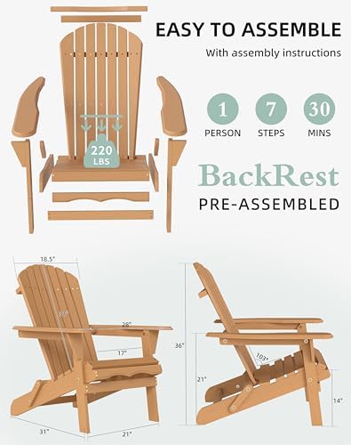 Wooden Folding Adirondack Chair Set of 4, Pre-Assembled BackRest Wood Lounge Chair for Outdoor Patio Garden Lawn Backyard Deck Pool Beach Firepit
