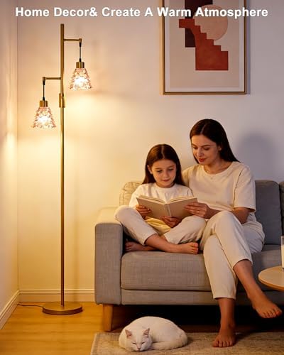 Red Glass Floor Lamp Dimmable 2-Light Modern Gold Tall Floor Lamp
