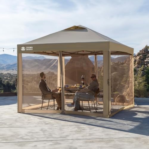 CROWN SHADES Gazebo 10x10 Pop Up Canopy with Mosquito Netting, Beige