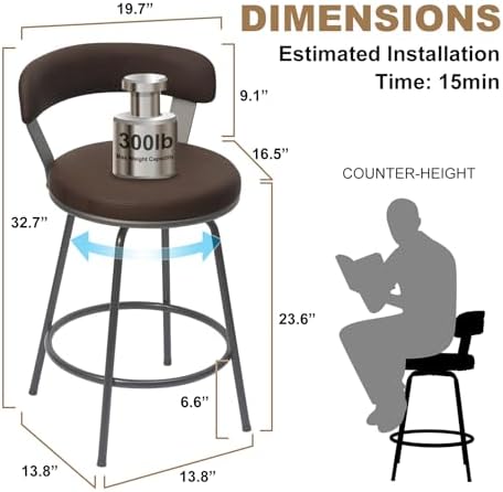 24 Inch Swivel Counter Height Bar Stools Set of 2, Modern Backs, Leather Counter Stools for Kitchen Island, Brown