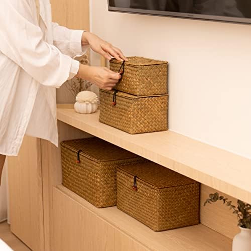 4 Pack, Wicker Baskets with Lids, Natural Seagrass Storage Baskets, Woven Rectangular Basket Bins, Rattan Storage Organizer for Shelf