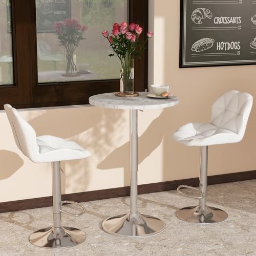 ARTETHYS Bar Table and Chairs Set Swivel Marble Style Table & White Stool