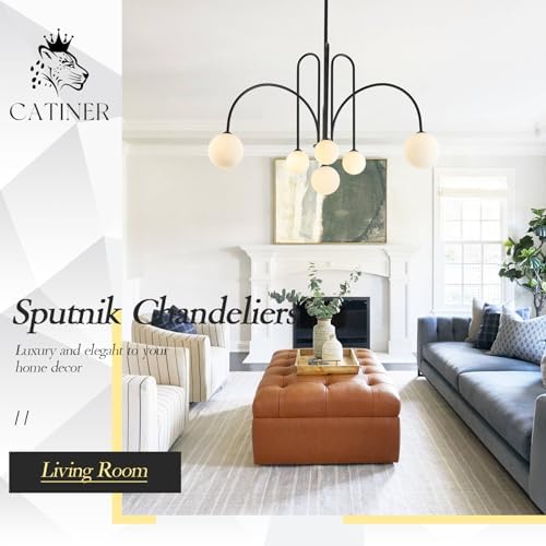 CATINER Modern 40" 6-Light Black Sputnik Chandelier with Milk Glass Globe
